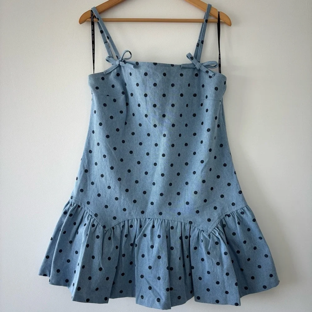 NWT Avec Les Filles Flirty Sky Blue Cotton Dotted Mini Shift Fit n Flare Dress - Picture 3 of 11